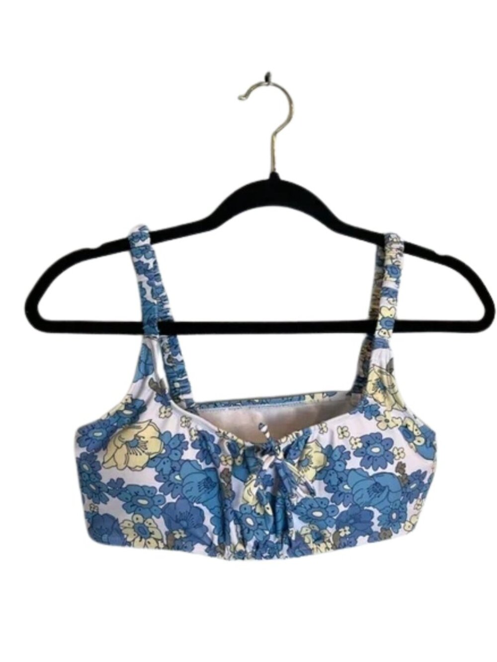 Shein Women's Floral Ruched Shoulder Straps And Tie-Front Bikini Top Blue Sz M
